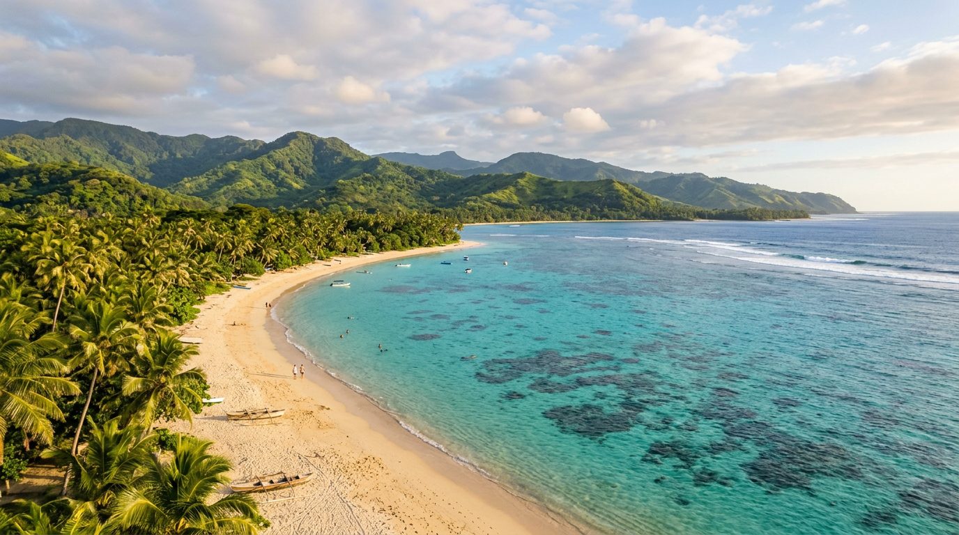 The Coral Coast Fiji palm fringed beach with turquoise lagoon
